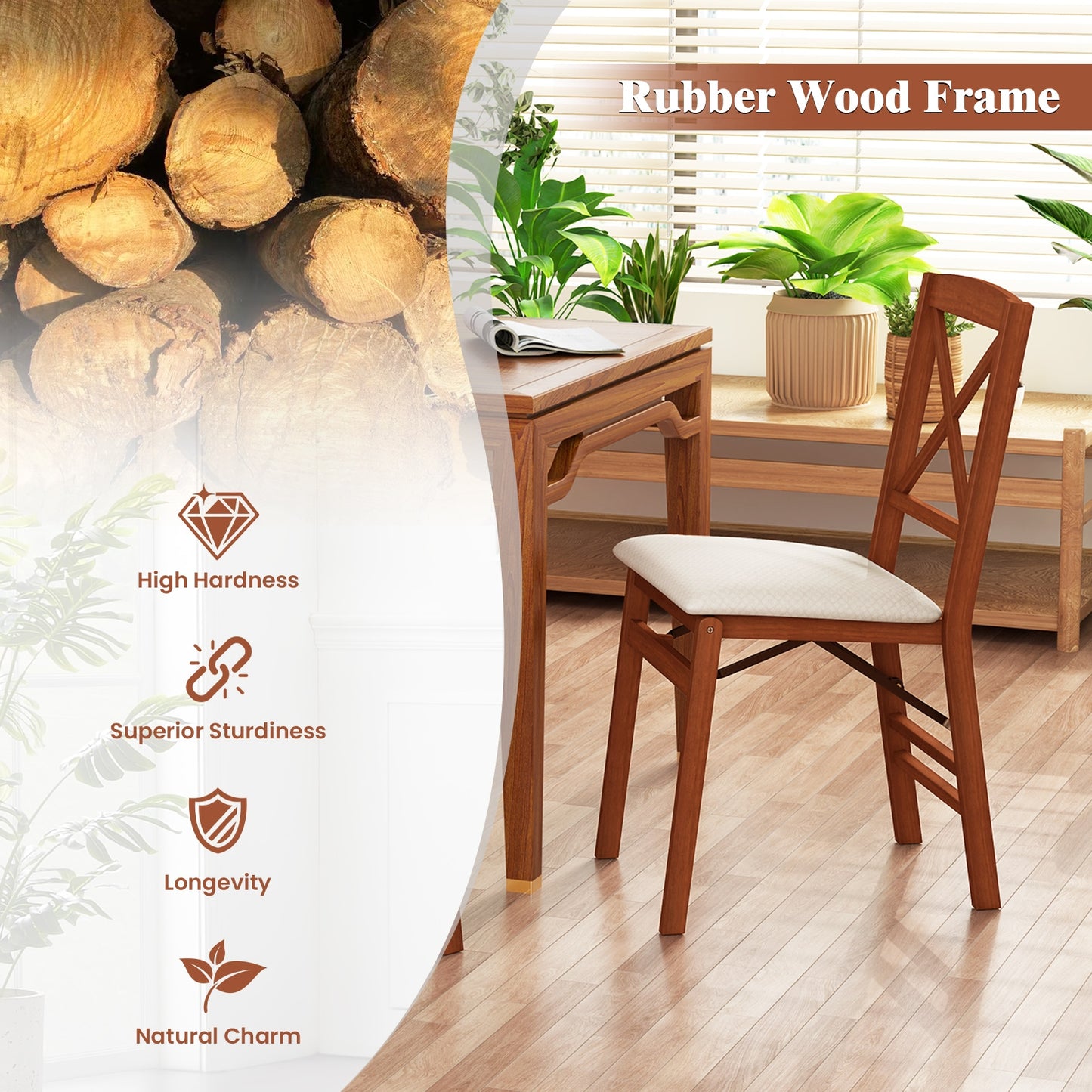 Folding Wooden Dining Chairs with X Backrest and Padded Seat Set of 2
