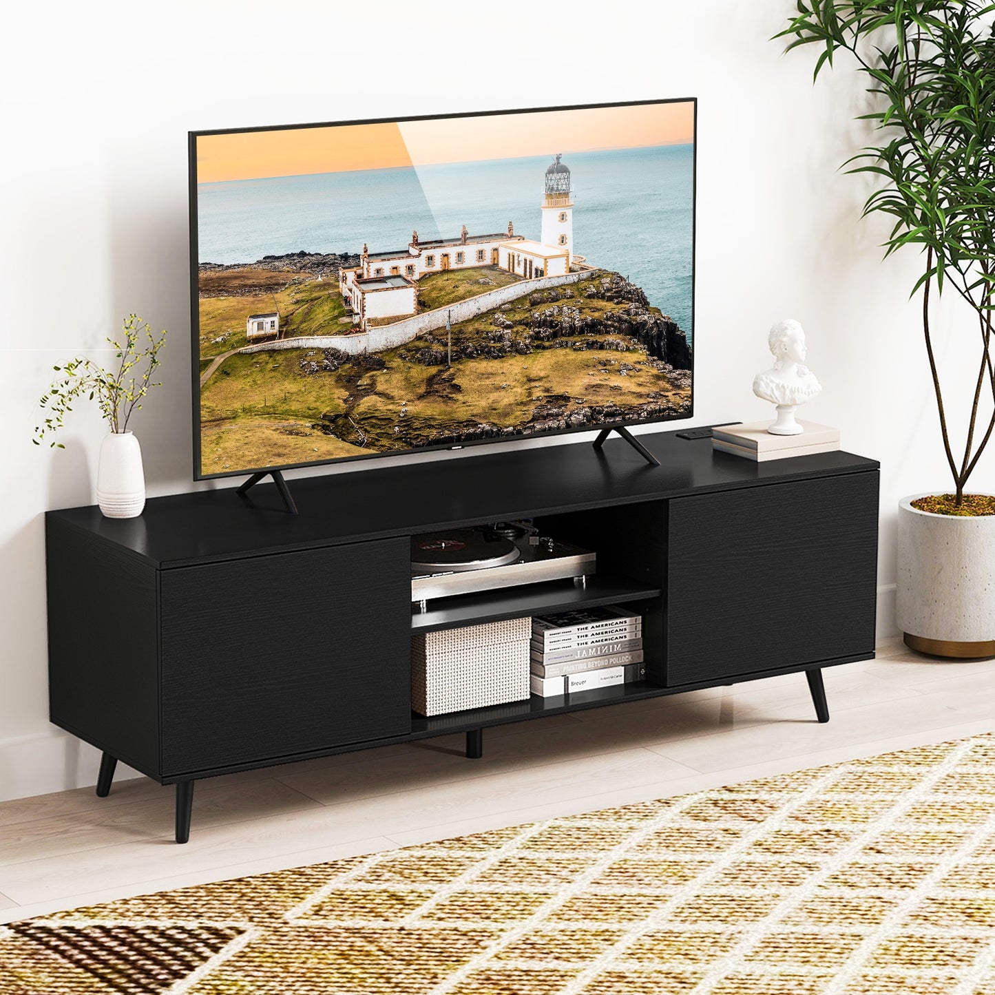 53.5 Inch TV Stand with Built-in Power Outlets Adjustable Shelf and Storage for 60 Inch TVs - Black