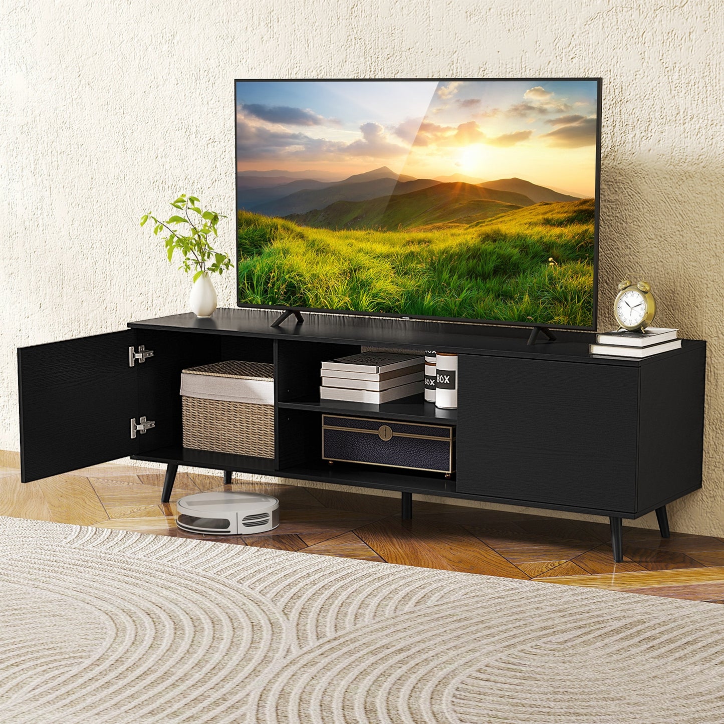 53.5 Inch TV Stand with Built-in Power Outlets Adjustable Shelf and Storage for 60 Inch TVs - Black