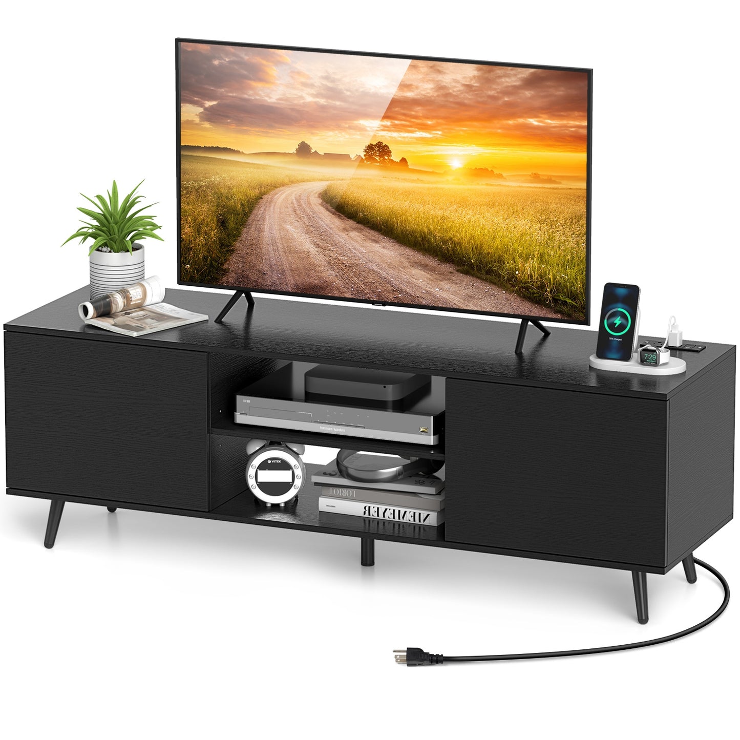 53.5 Inch TV Stand with Built-in Power Outlets Adjustable Shelf and Storage for 60 Inch TVs - Black