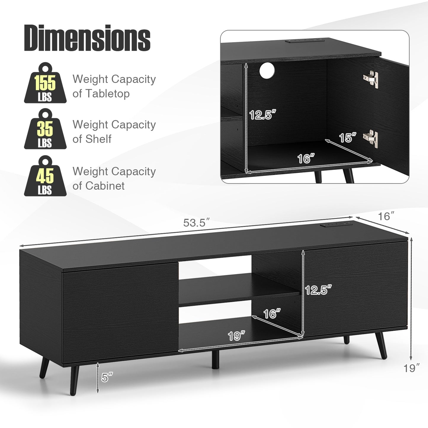 53.5 Inch TV Stand with Built-in Power Outlets Adjustable Shelf and Storage for 60 Inch TVs - Black