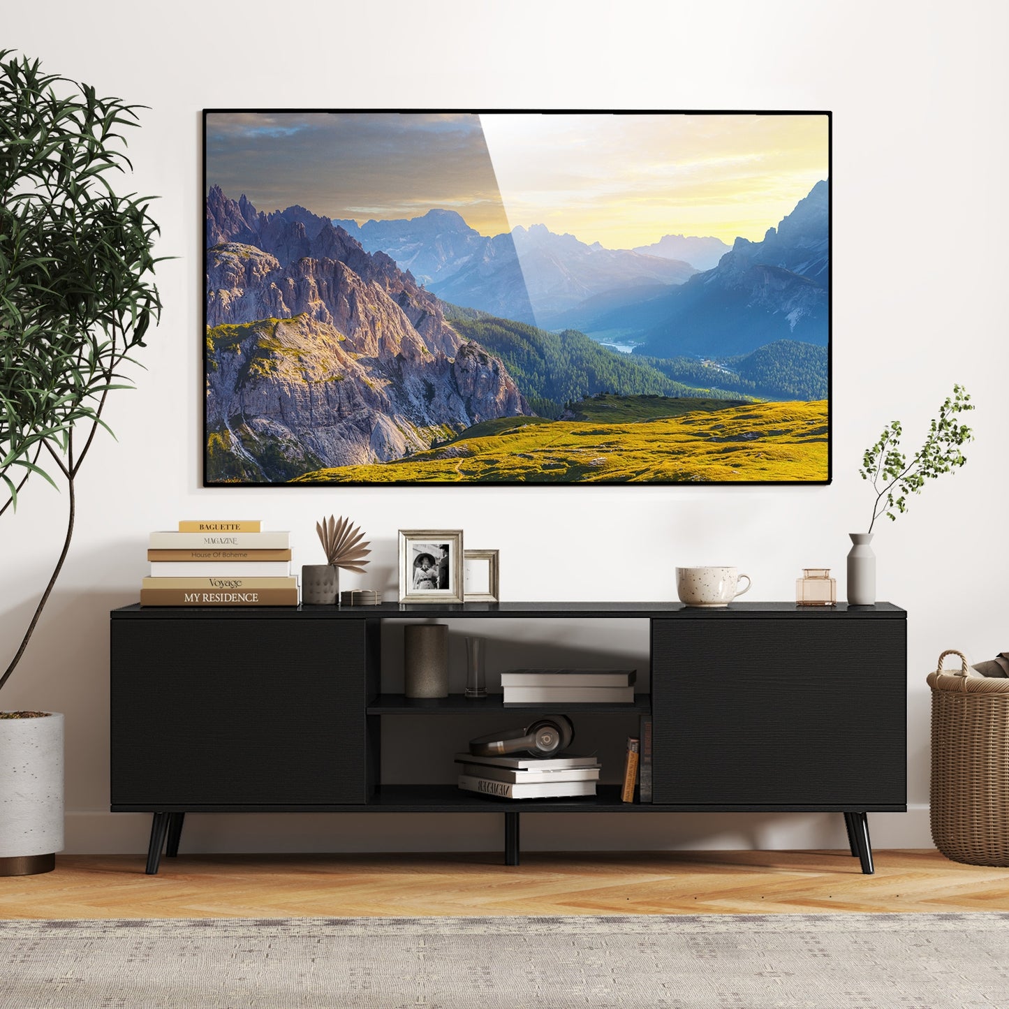 53.5 Inch TV Stand with Built-in Power Outlets Adjustable Shelf and Storage for 60 Inch TVs - Black