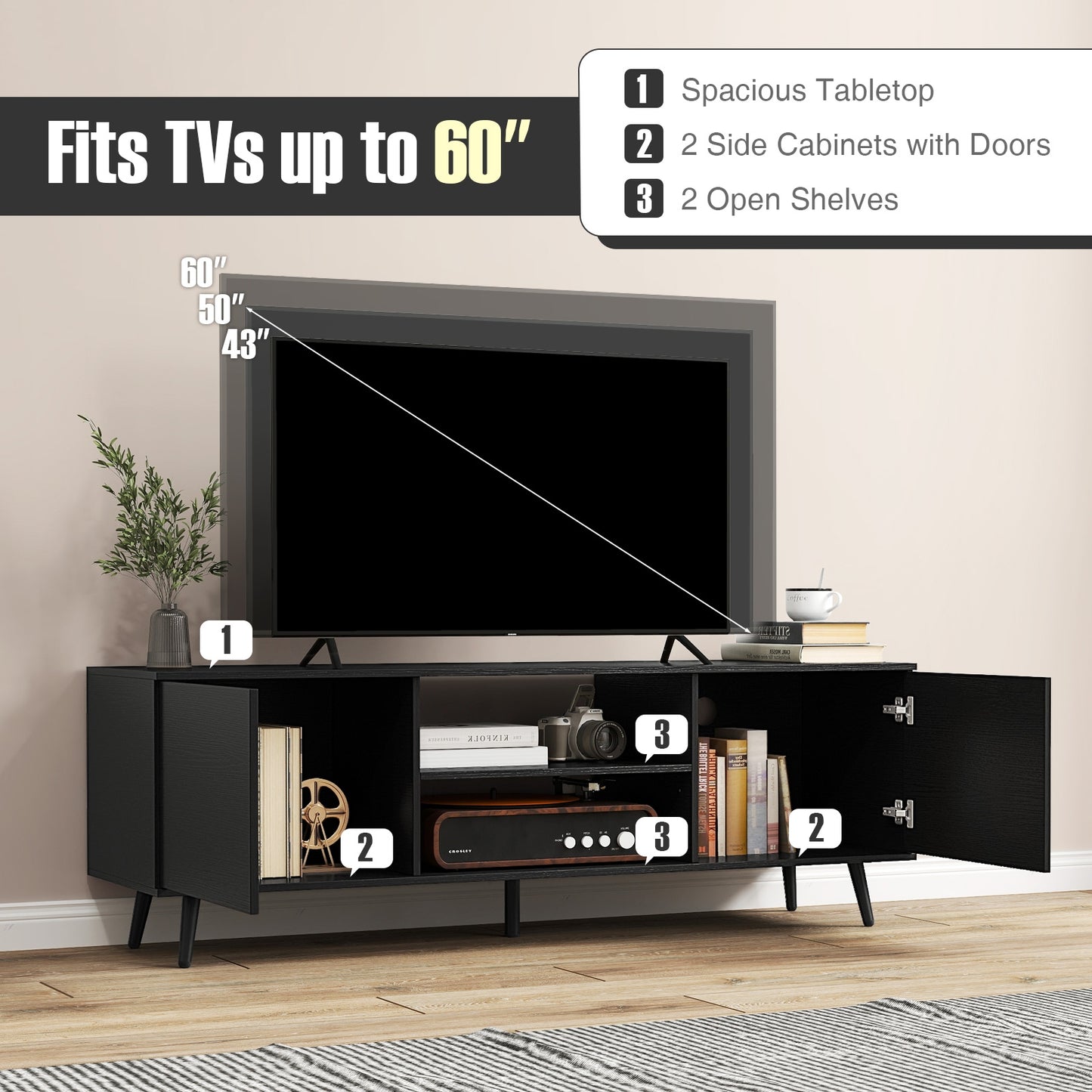 53.5 Inch TV Stand with Built-in Power Outlets Adjustable Shelf and Storage for 60 Inch TVs - Black