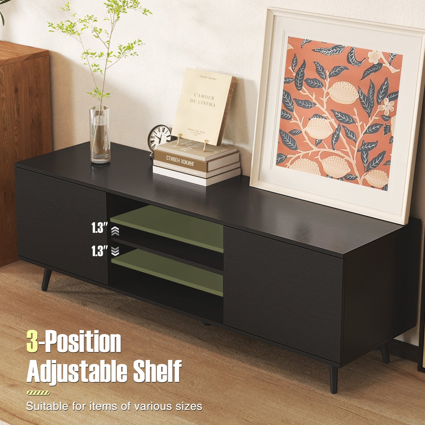 53.5 Inch TV Stand with Built-in Power Outlets Adjustable Shelf and Storage for 60 Inch TVs - Black