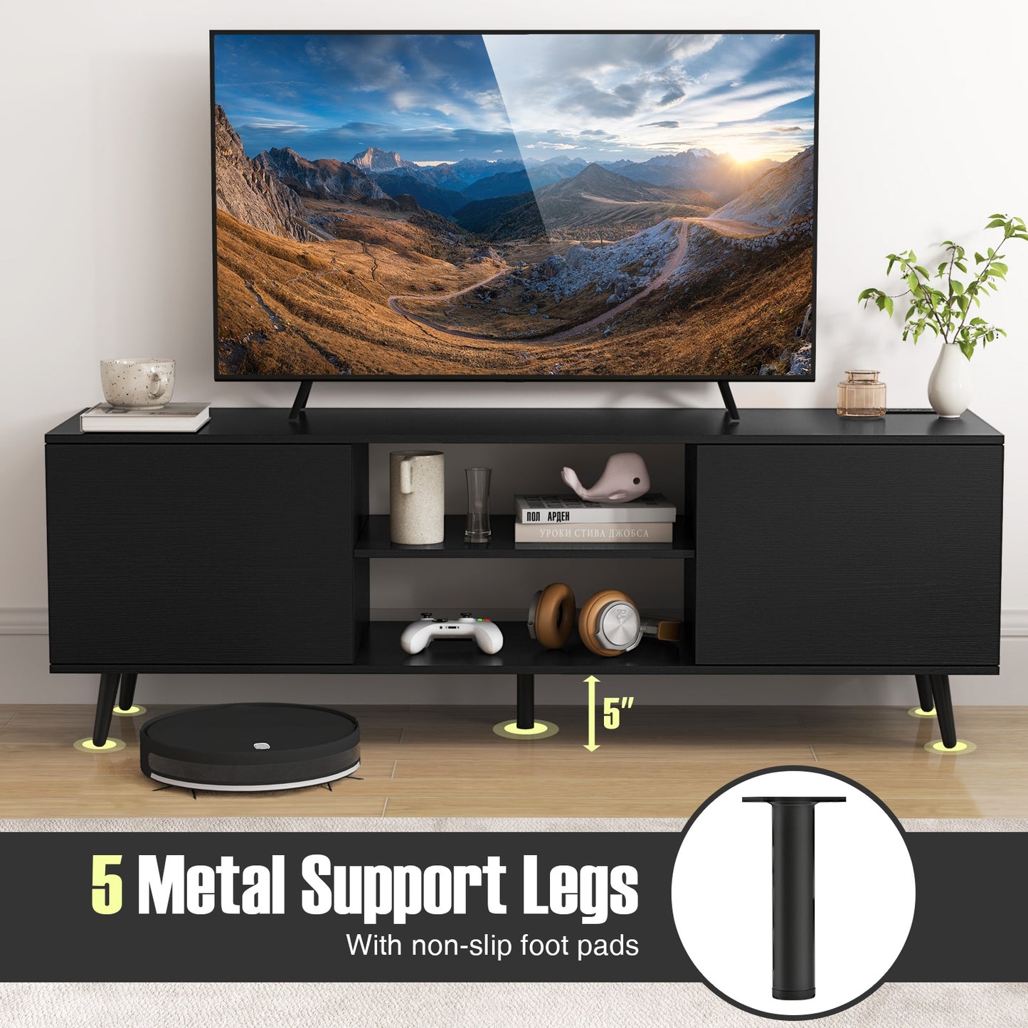 53.5 Inch TV Stand with Built-in Power Outlets Adjustable Shelf and Storage for 60 Inch TVs - Black