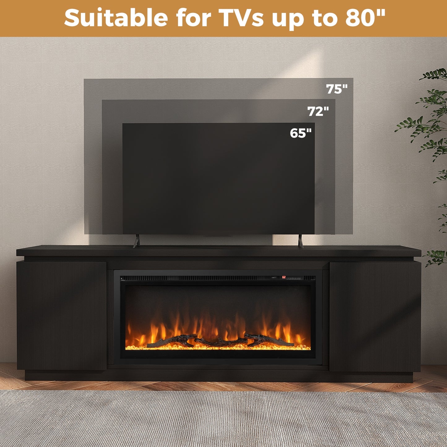 Modern Fireplace TV Stand with Adjustable Shelves and Storage for TVs up to 80 Inches - Black
