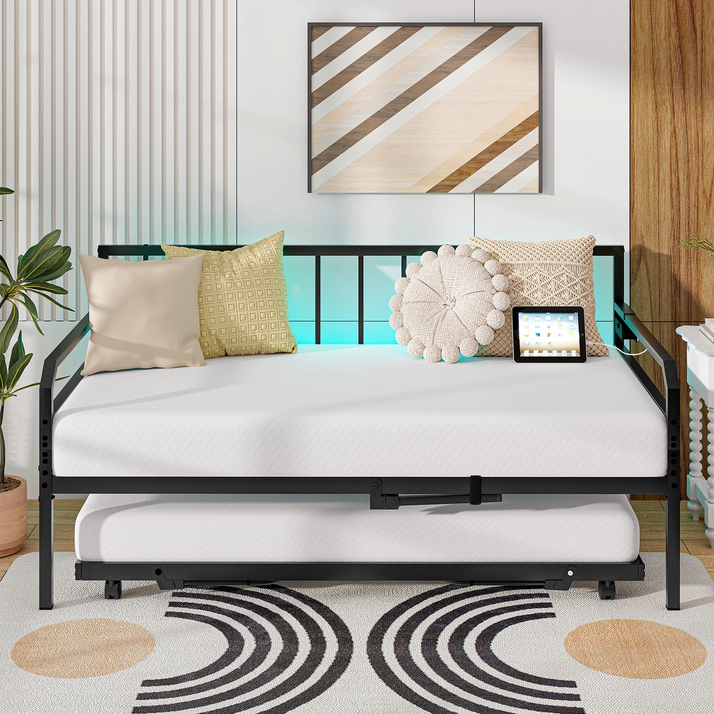 Adjustable Metal Twin Daybed with Pop-up Trundle, LED Light & Charging Station - Black