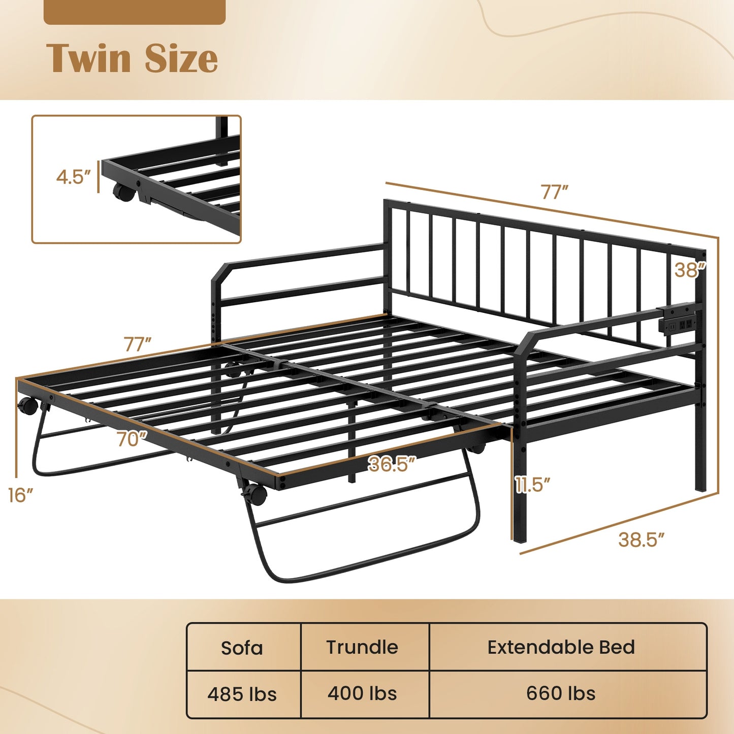 Adjustable Metal Twin Daybed with Pop-up Trundle, LED Light & Charging Station - Black