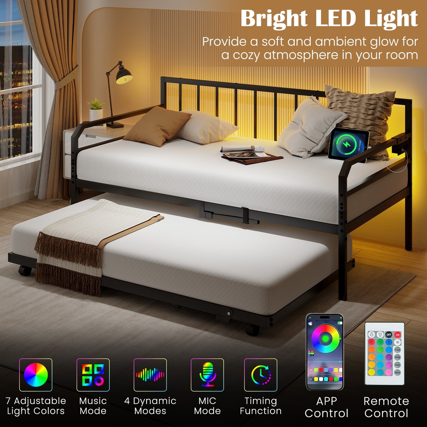 Adjustable Metal Twin Daybed with Pop-up Trundle, LED Light & Charging Station - Black