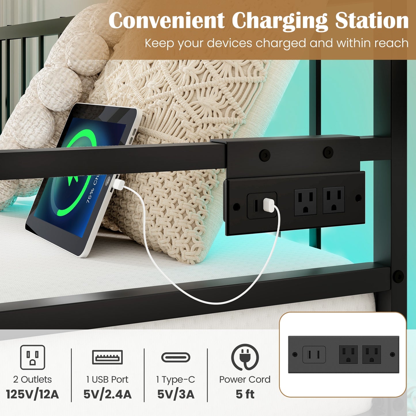Adjustable Metal Twin Daybed with Pop-up Trundle, LED Light & Charging Station - Black
