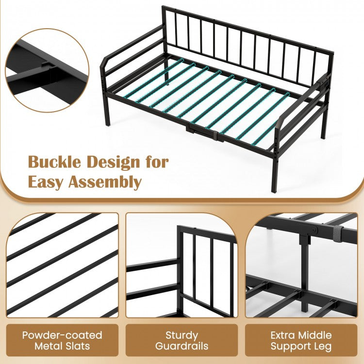 Adjustable Metal Twin Daybed with Pop-up Trundle, LED Light & Charging Station - Black