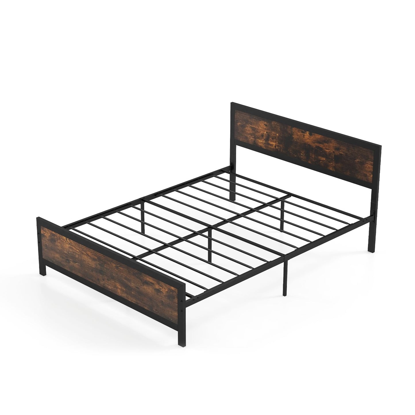 Farmhouse Style Metal Bed Frame with Wooden Touches and Silent Support, Queen Size