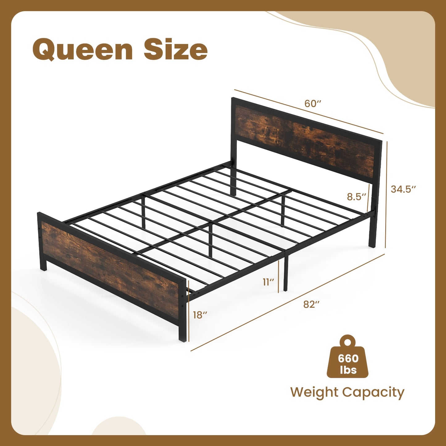 Farmhouse Style Metal Bed Frame with Wooden Touches and Silent Support, Queen Size