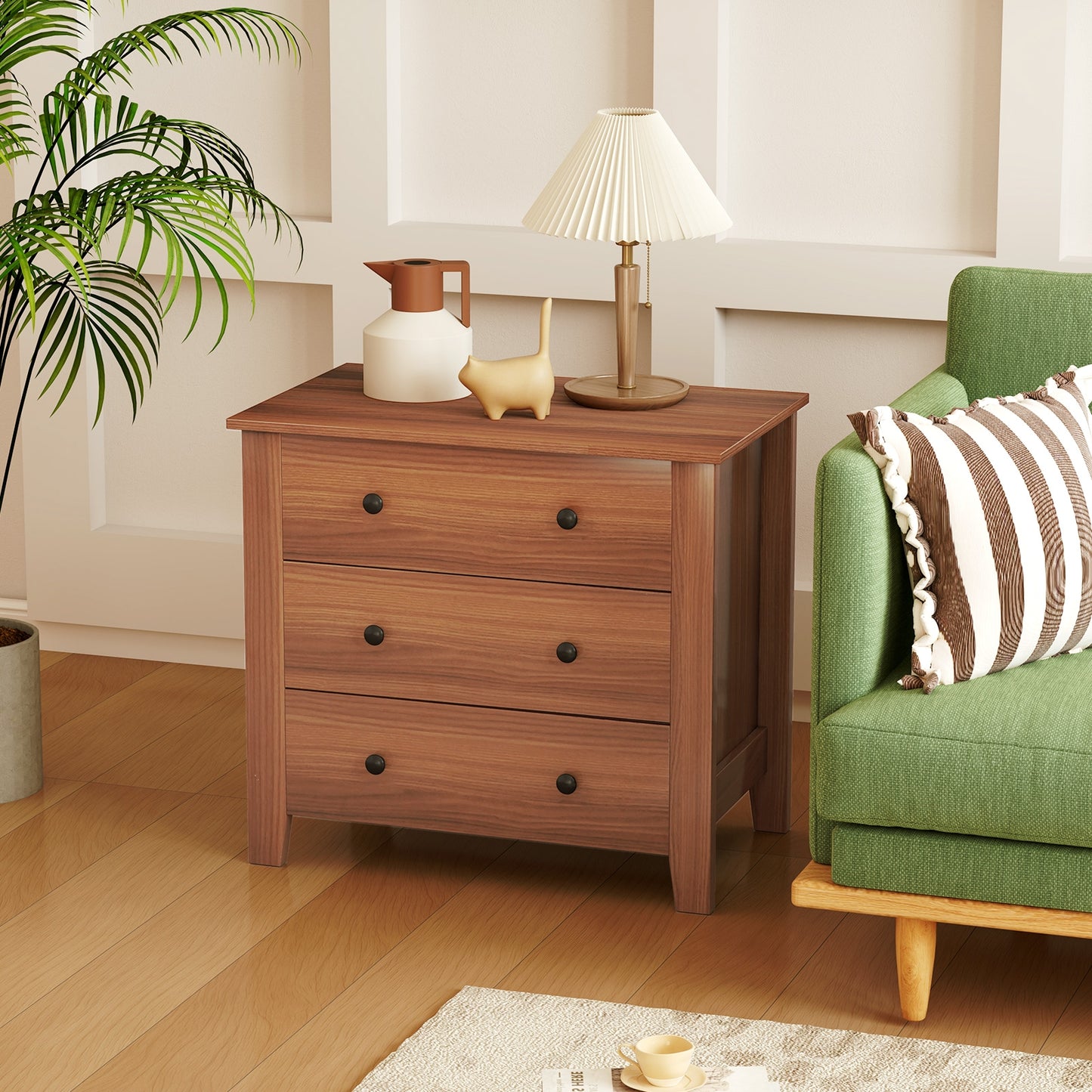 3-Drawer Storage Dresser Chest, Compact Bedside Table with Organizational Drawers – Walnut