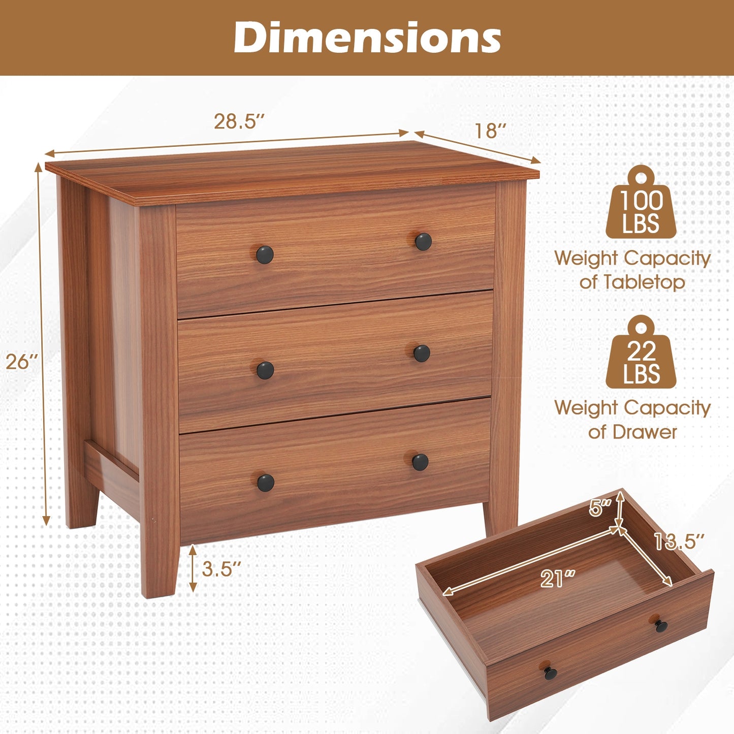 3-Drawer Storage Dresser Chest, Compact Bedside Table with Organizational Drawers – Walnut