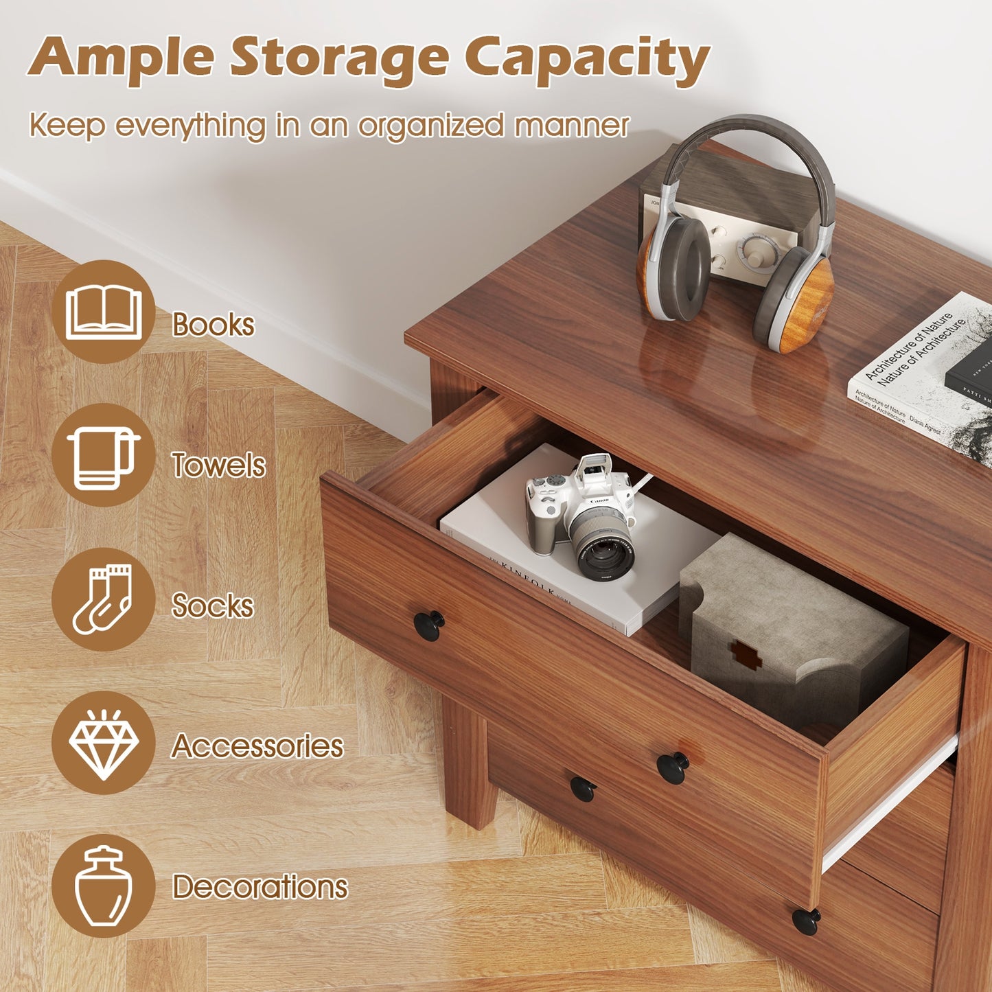 3-Drawer Storage Dresser Chest, Compact Bedside Table with Organizational Drawers – Walnut