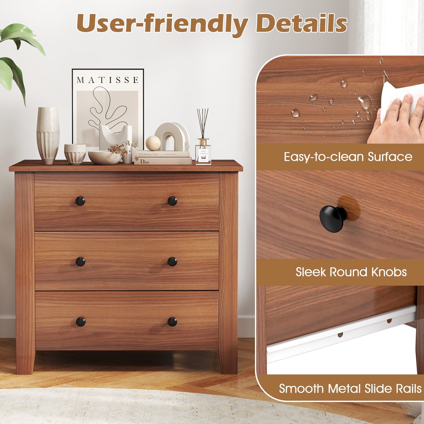3-Drawer Storage Dresser Chest, Compact Bedside Table with Organizational Drawers – Walnut