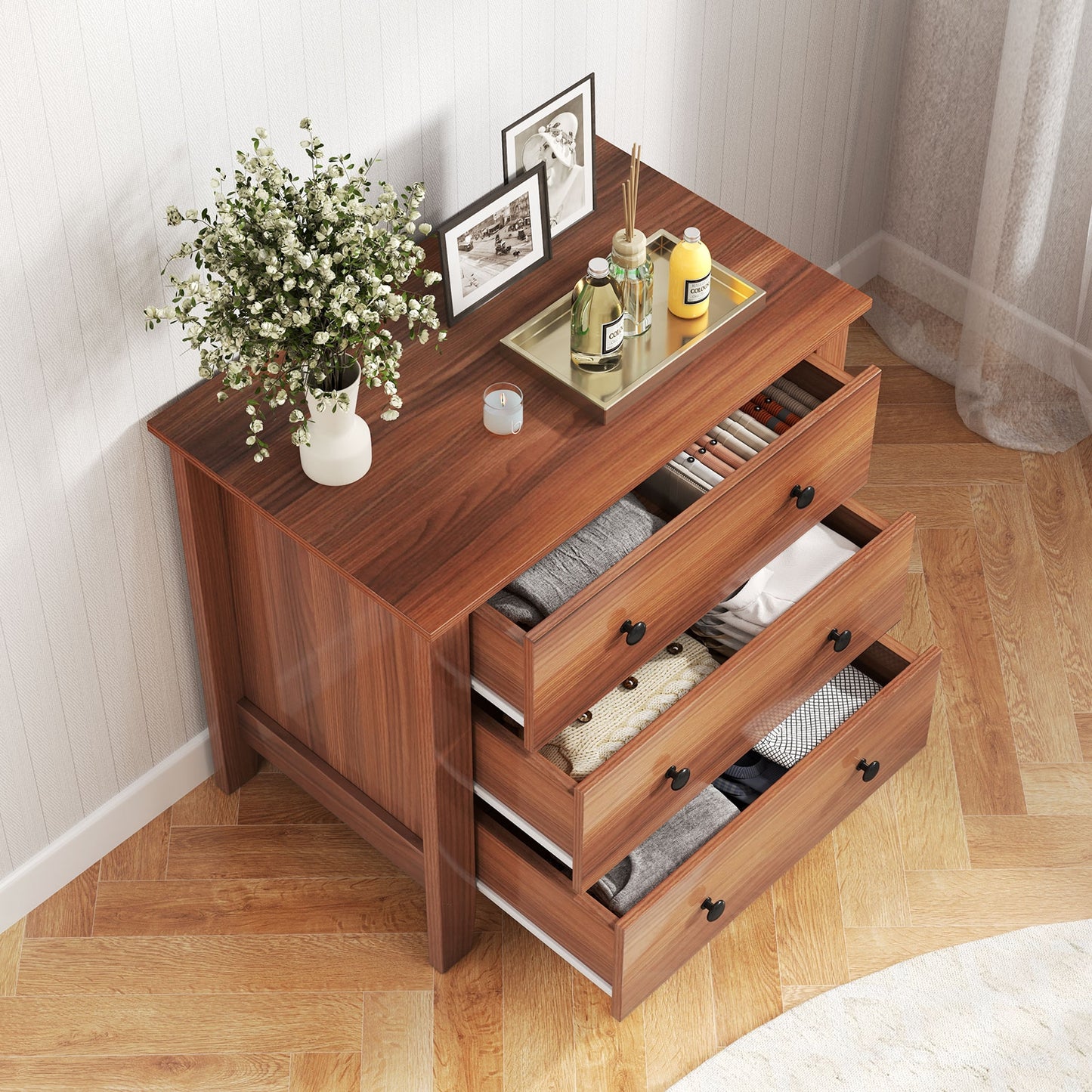 3-Drawer Storage Dresser Chest, Compact Bedside Table with Organizational Drawers – Walnut