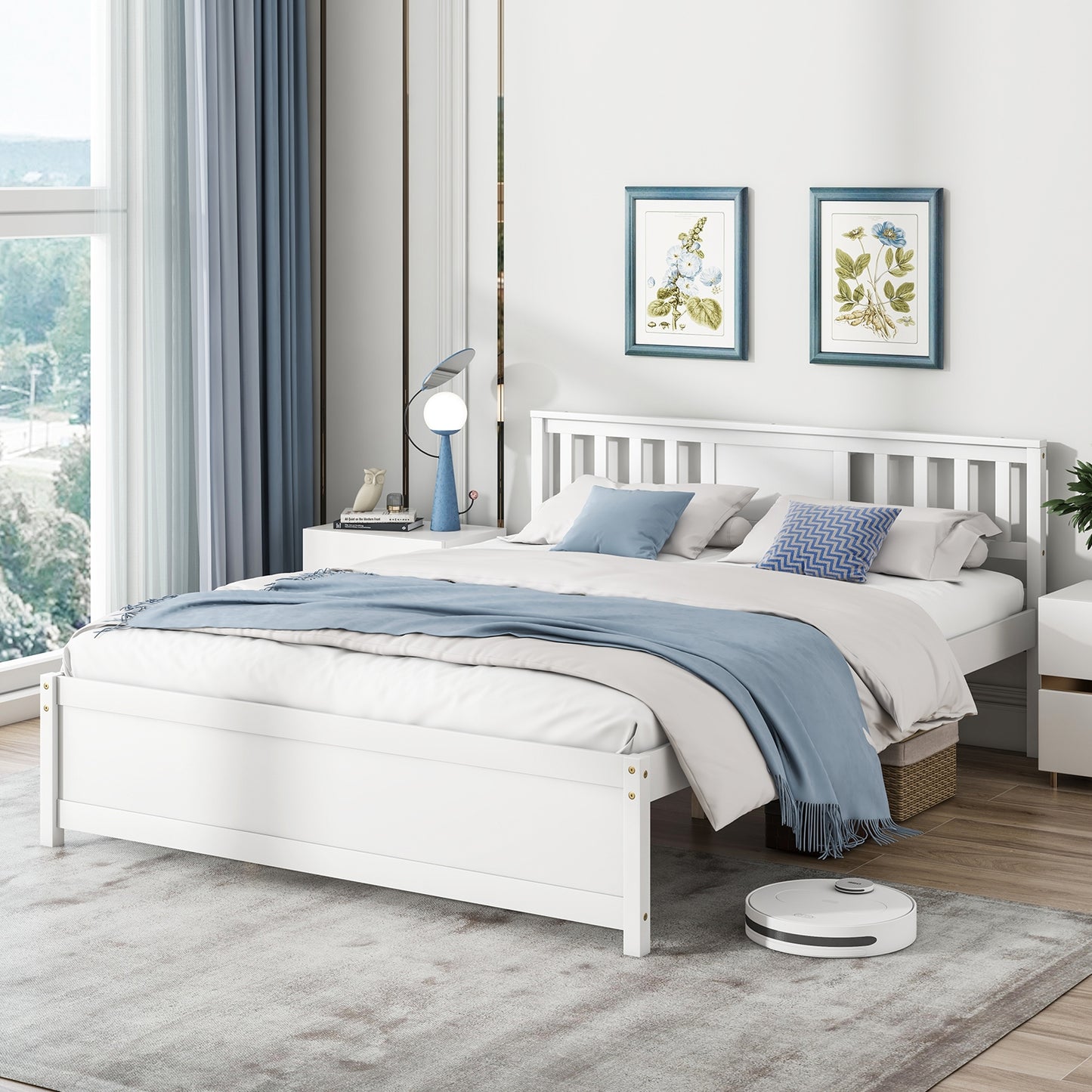 White Wooden Platform Bed Frame with Headboard and Slat Support, Queen Size