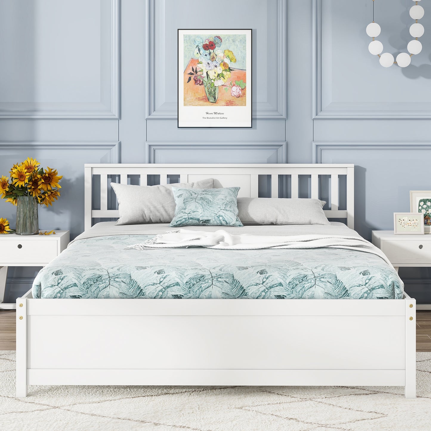 White Wooden Platform Bed Frame with Headboard and Slat Support, Queen Size