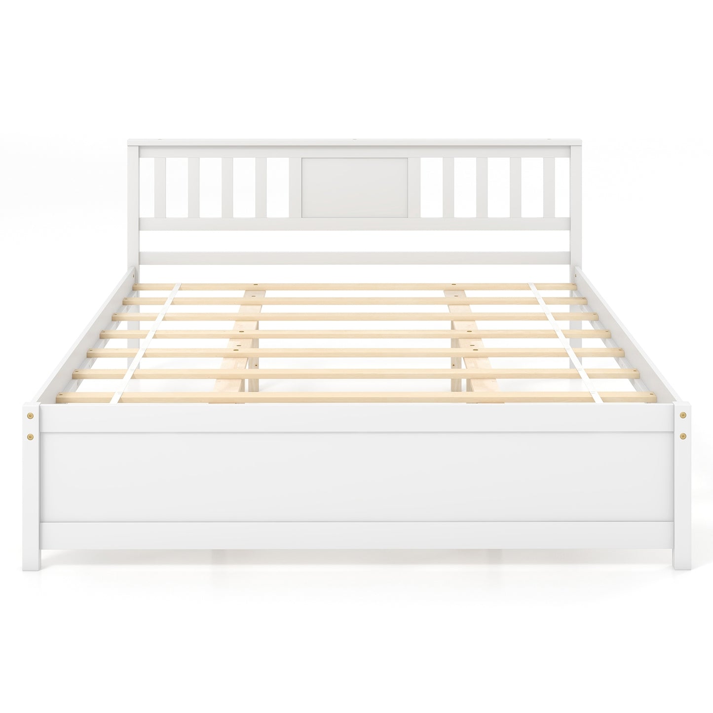 White Wooden Platform Bed Frame with Headboard and Slat Support, Queen Size