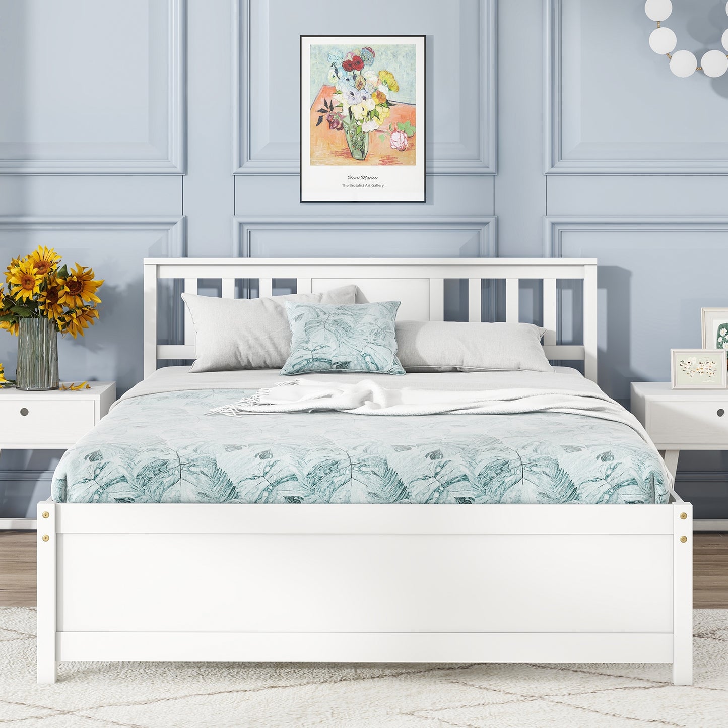 White Wooden Platform Bed Frame with Headboard and Slat Support, Full Size