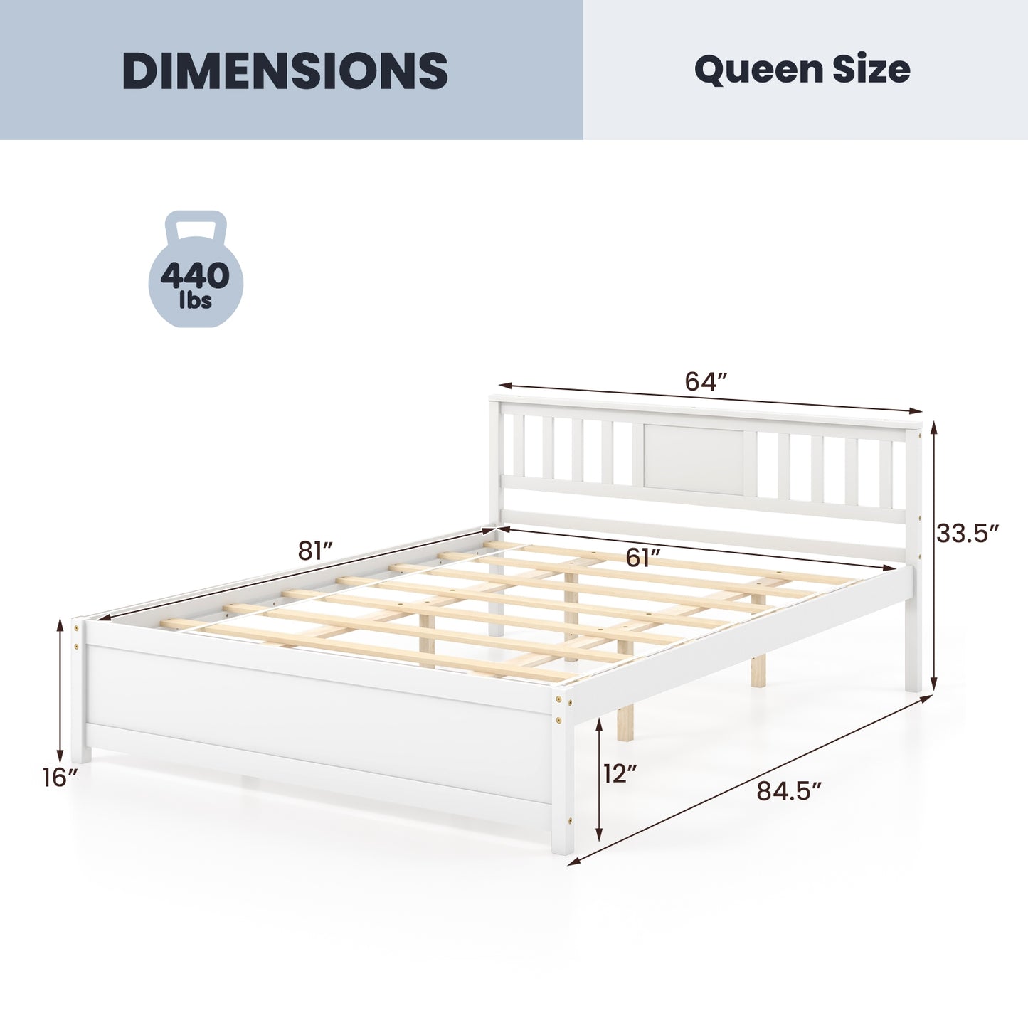 White Wooden Platform Bed Frame with Headboard and Slat Support, Queen Size