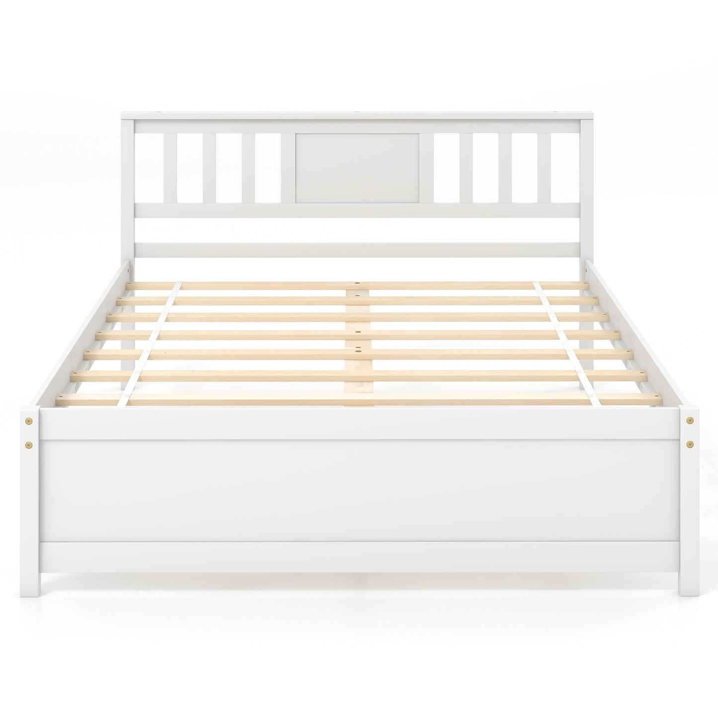 White Wooden Platform Bed Frame with Headboard and Slat Support, Full Size