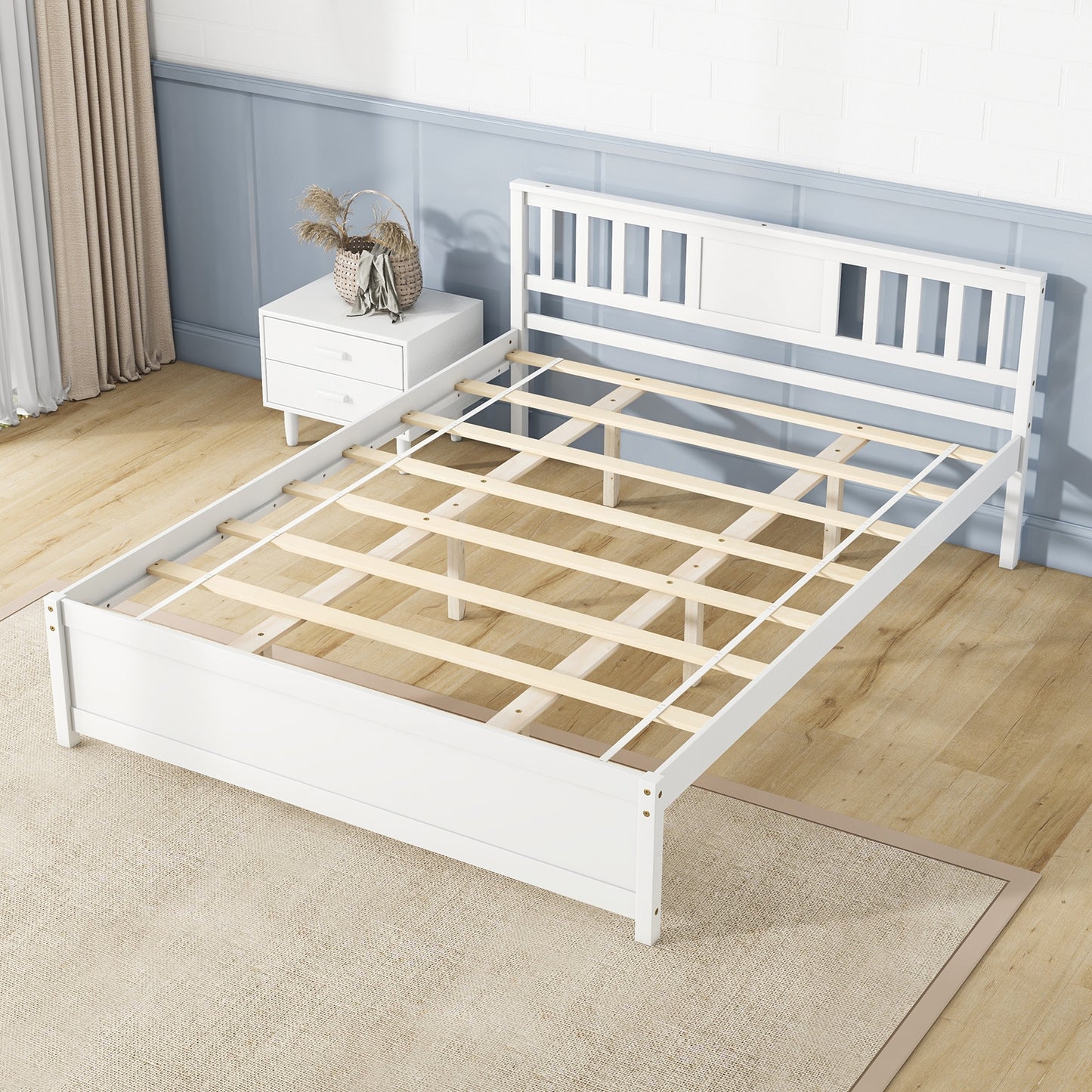 White Wooden Platform Bed Frame with Headboard and Slat Support, Queen Size
