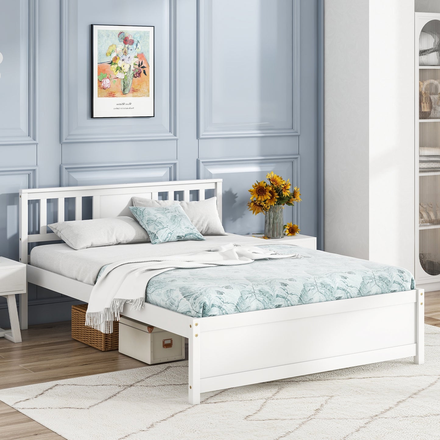 White Wooden Platform Bed Frame with Headboard and Slat Support, Full Size