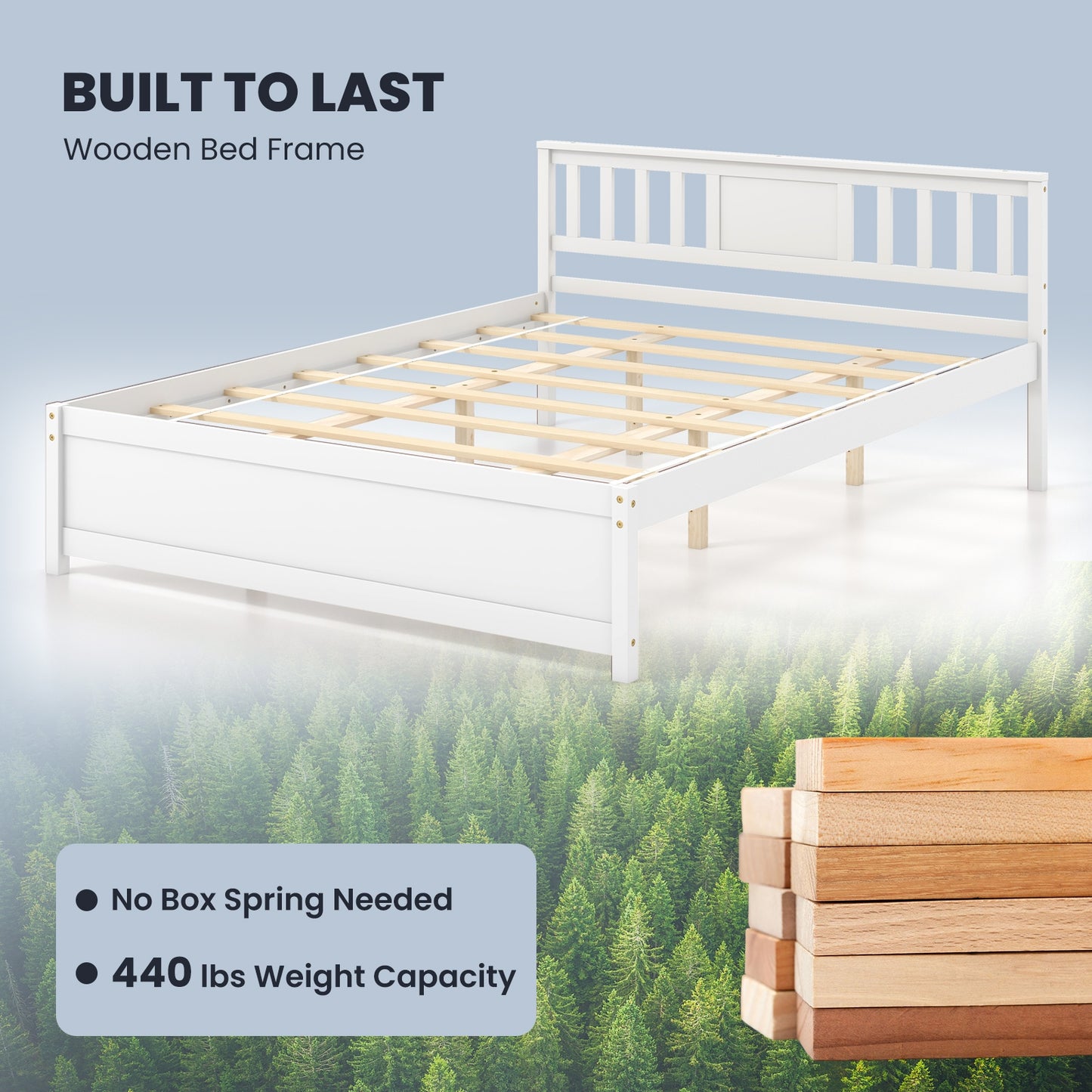White Wooden Platform Bed Frame with Headboard and Slat Support, Queen Size