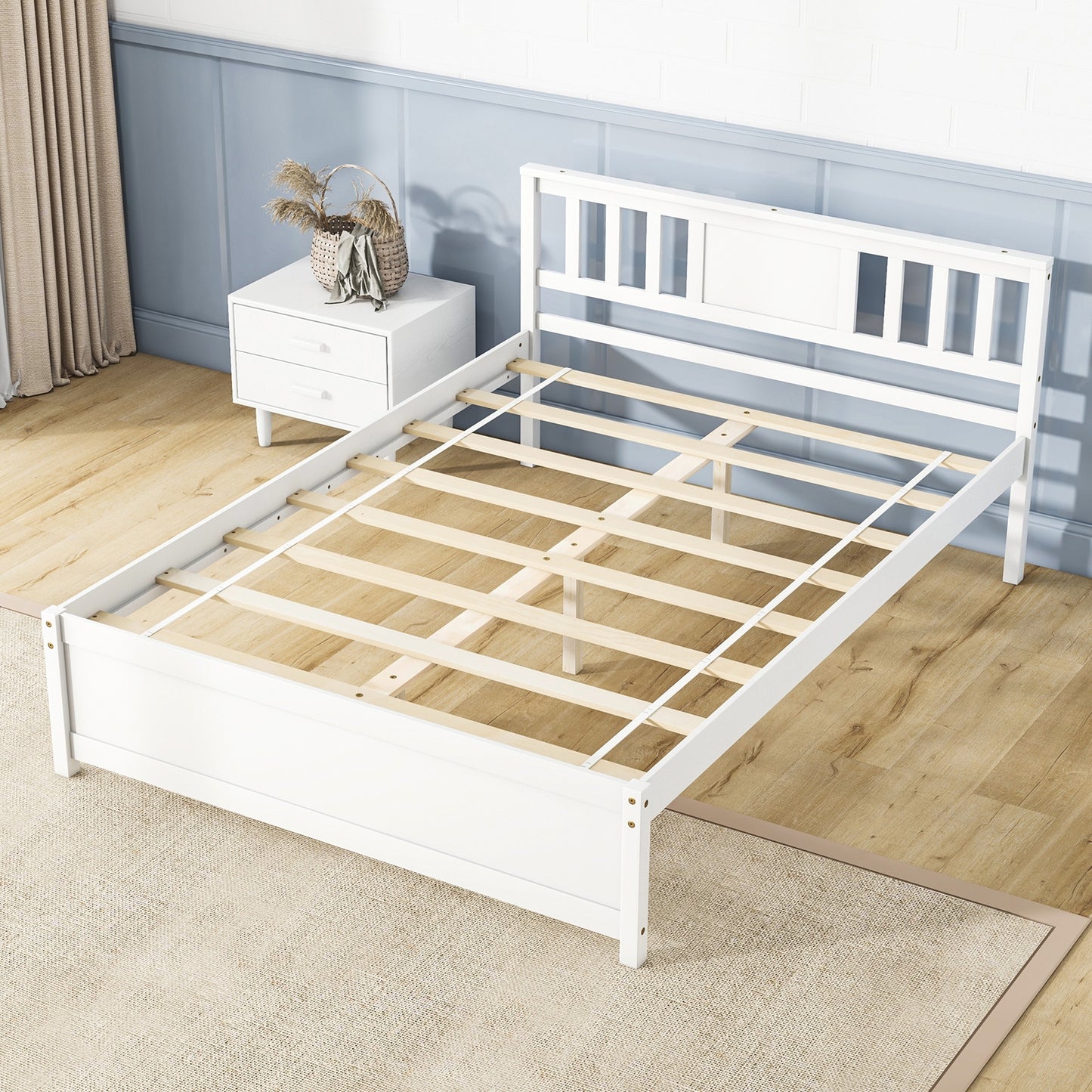 White Wooden Platform Bed Frame with Headboard and Slat Support, Full Size