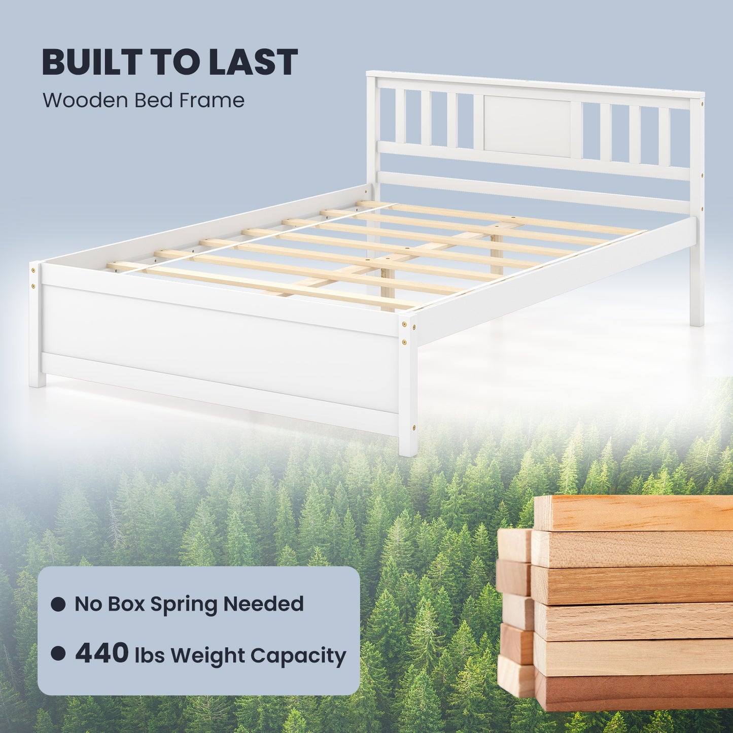 White Wooden Platform Bed Frame with Headboard and Slat Support, Full Size