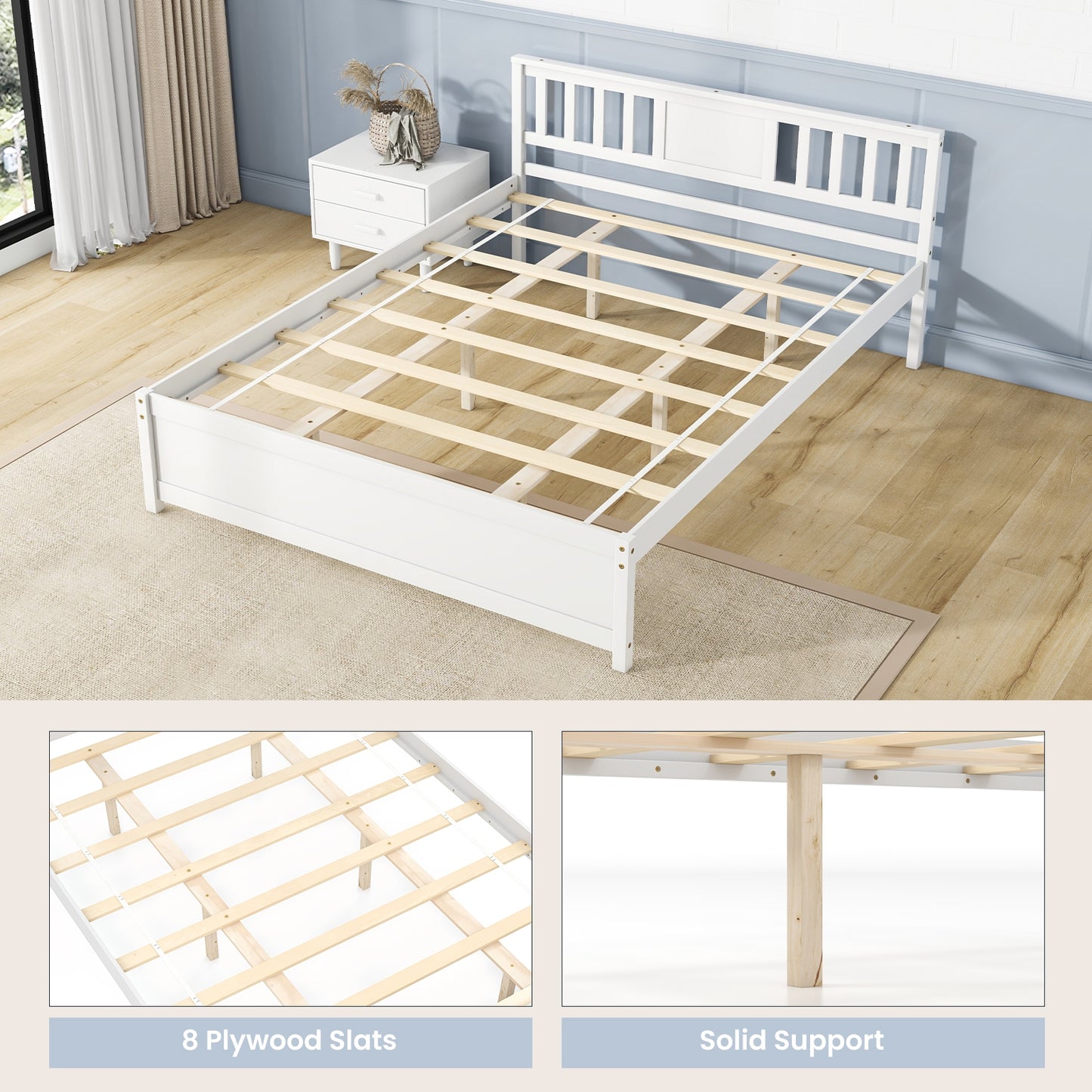 White Wooden Platform Bed Frame with Headboard and Slat Support, Queen Size