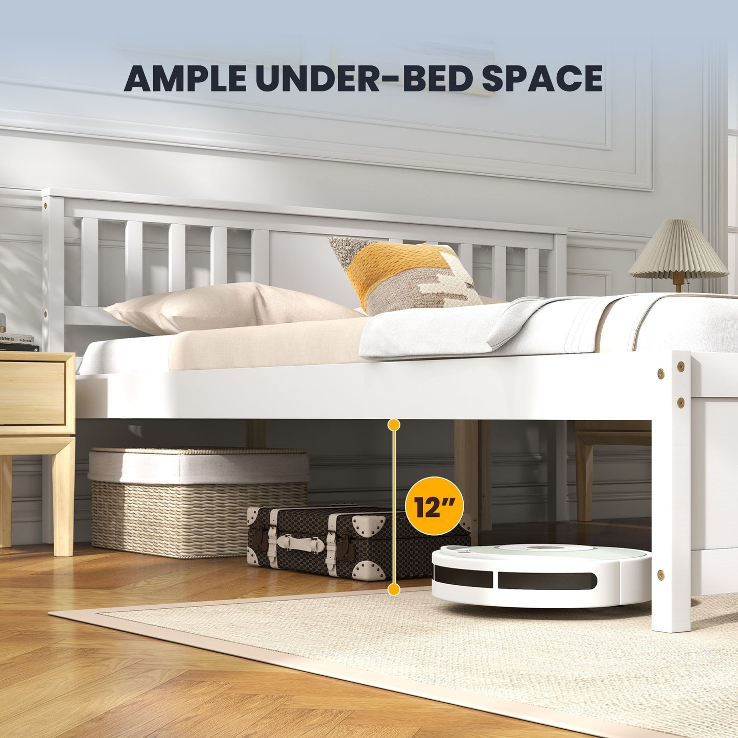 White Wooden Platform Bed Frame with Headboard and Slat Support, Full Size