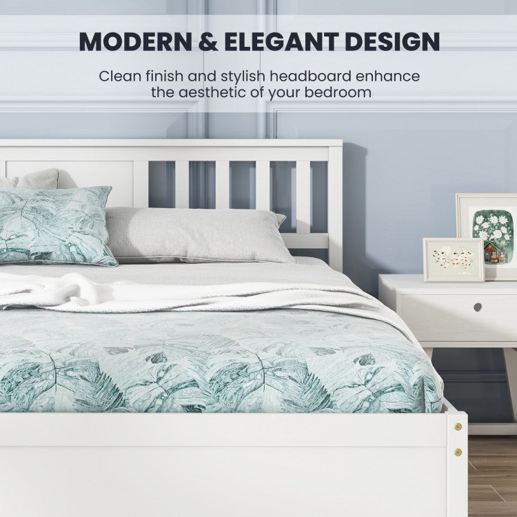 White Wooden Platform Bed Frame with Headboard and Slat Support, Queen Size