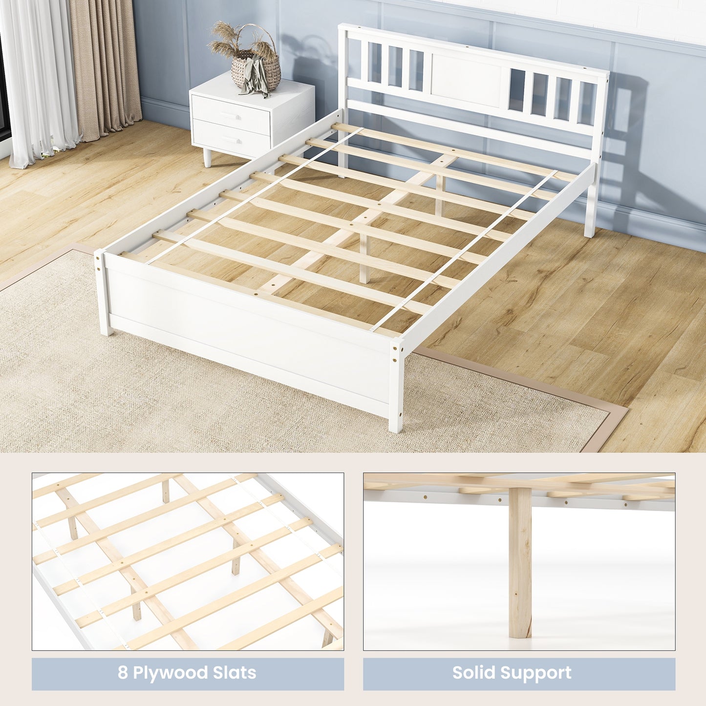 White Wooden Platform Bed Frame with Headboard and Slat Support, Full Size