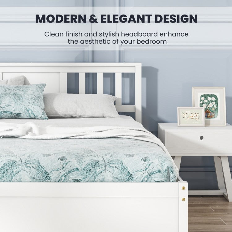 White Wooden Platform Bed Frame with Headboard and Slat Support, Full Size