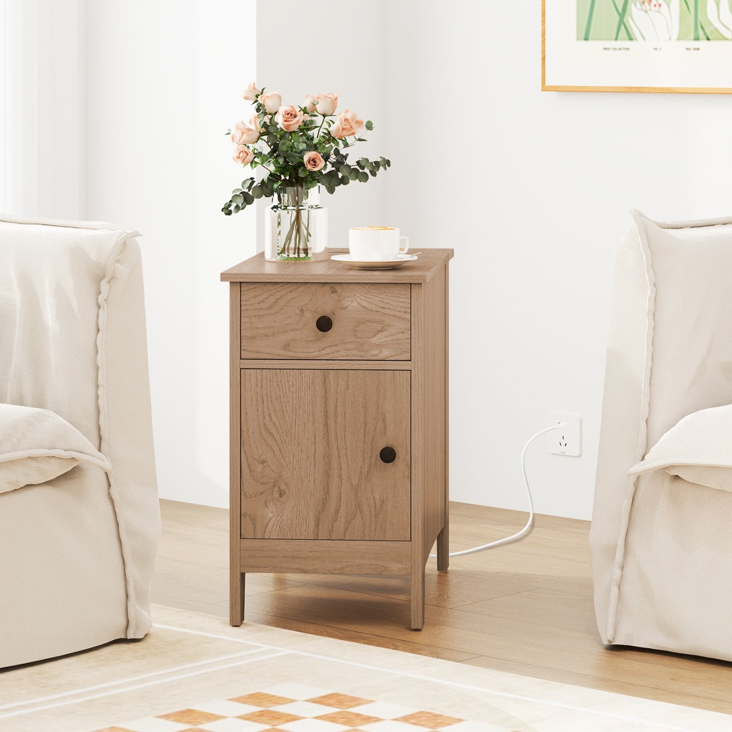 Nightstand with Flip-Top Power Station, USB Outlets, Drawer, and Storage Space – Natural