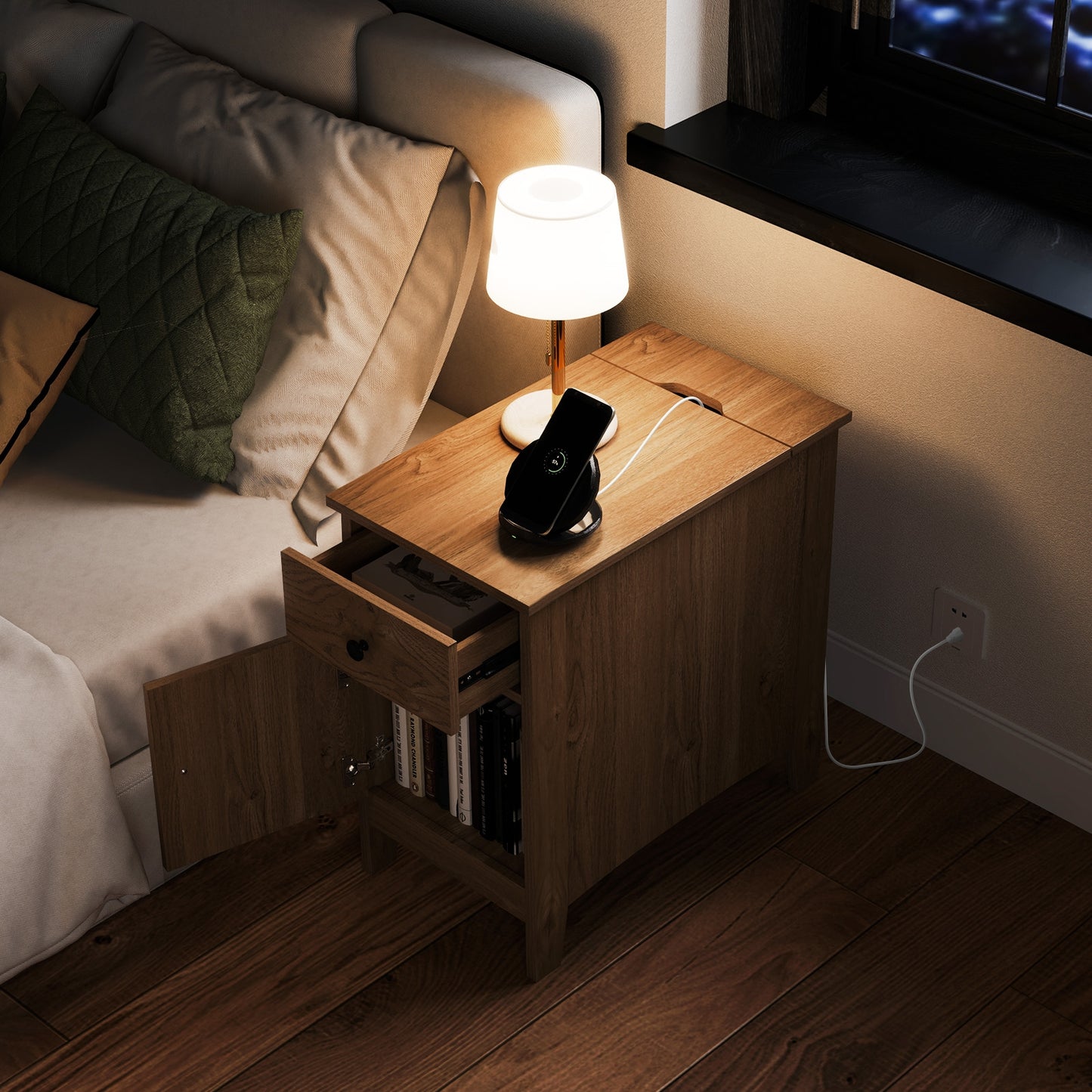 Nightstand with Flip-Top Power Station, USB Outlets, Drawer, and Storage Space – Natural