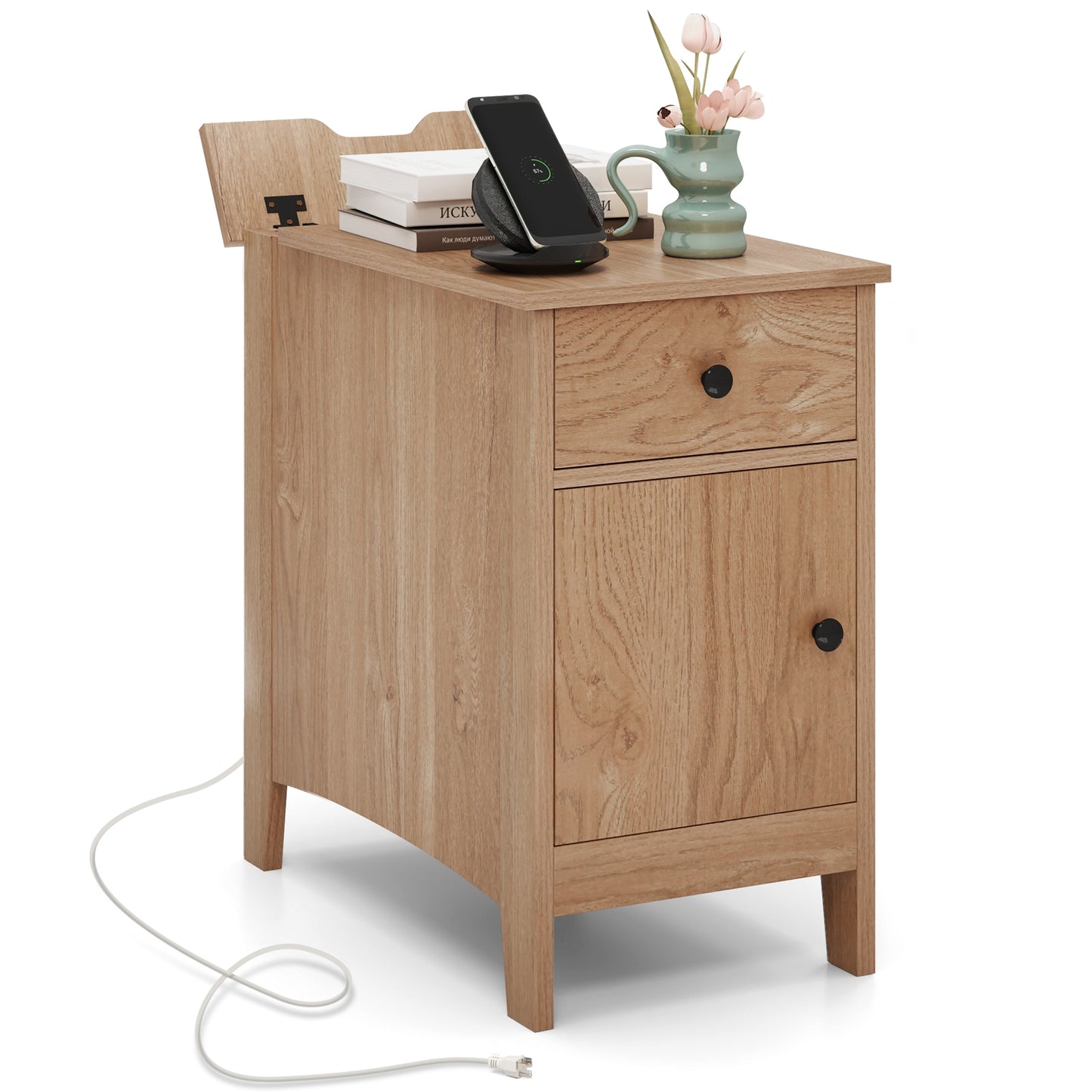 Nightstand with Flip-Top Power Station, USB Outlets, Drawer, and Storage Space – Natural
