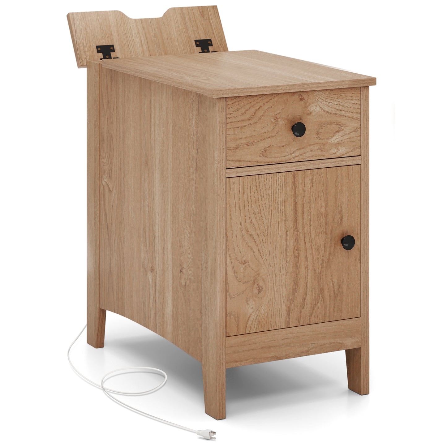Nightstand with Flip-Top Power Station, USB Outlets, Drawer, and Storage Space – Natural