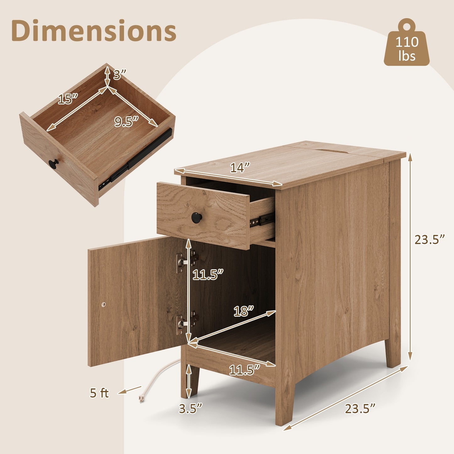 Nightstand with Flip-Top Power Station, USB Outlets, Drawer, and Storage Space – Natural