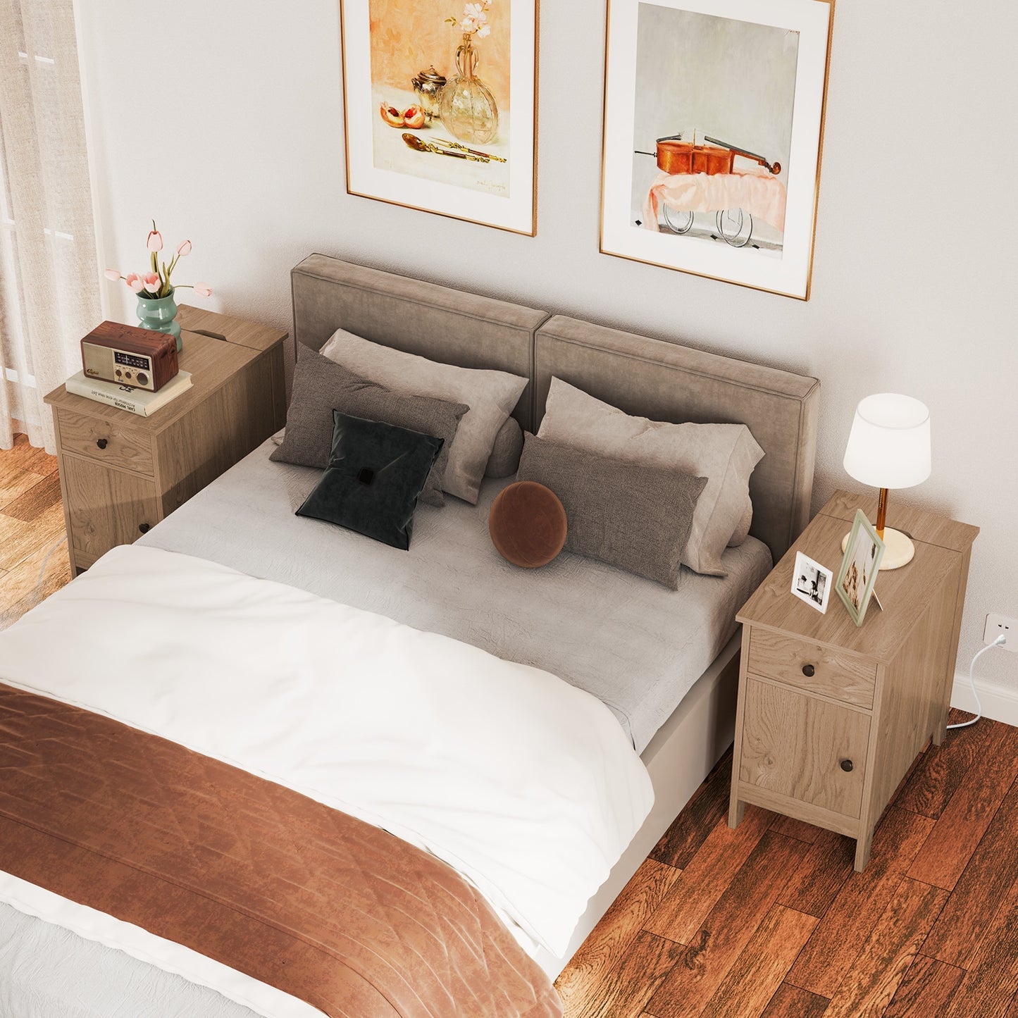 Nightstand with Flip-Top Power Station, USB Outlets, Drawer, and Storage Space – Natural