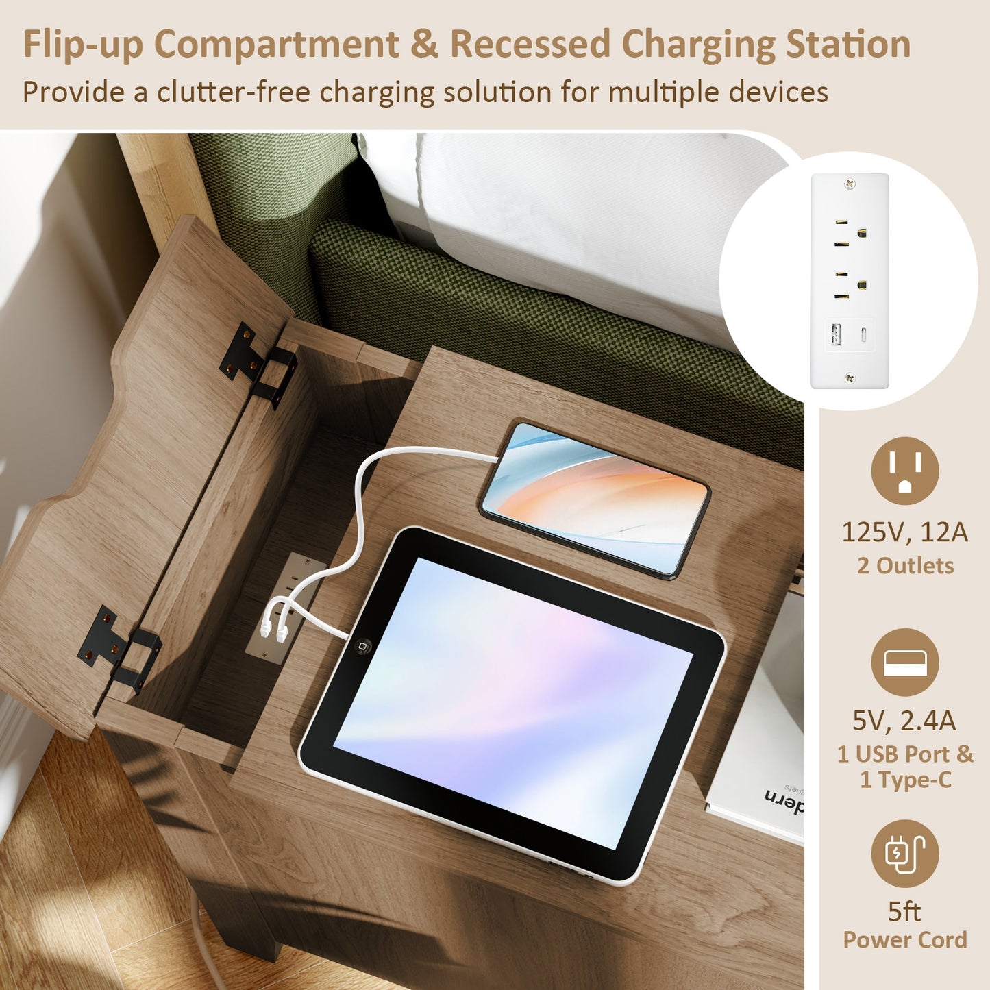 Nightstand with Flip-Top Power Station, USB Outlets, Drawer, and Storage Space – Natural