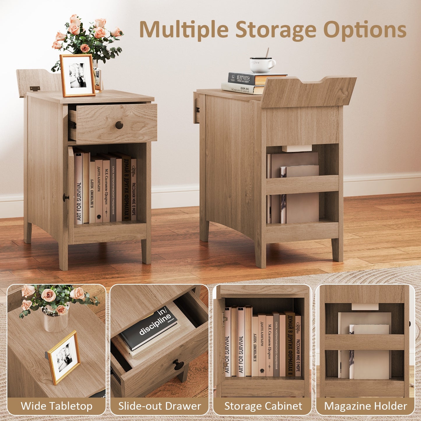 Nightstand with Flip-Top Power Station, USB Outlets, Drawer, and Storage Space – Natural