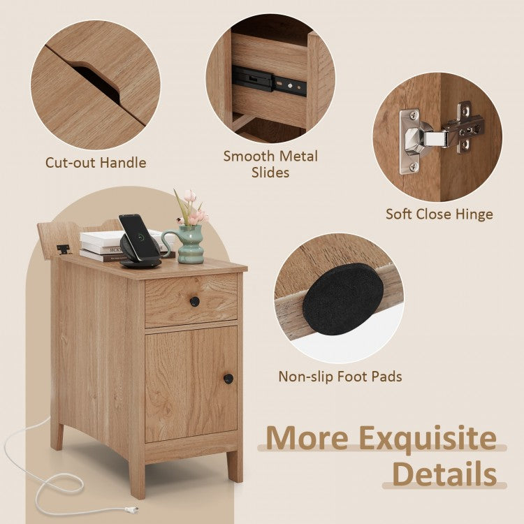 Nightstand with Flip-Top Power Station, USB Outlets, Drawer, and Storage Space – Natural