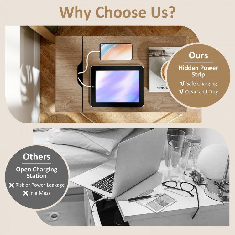 Nightstand with Flip-Top Power Station, USB Outlets, Drawer, and Storage Space – Natural