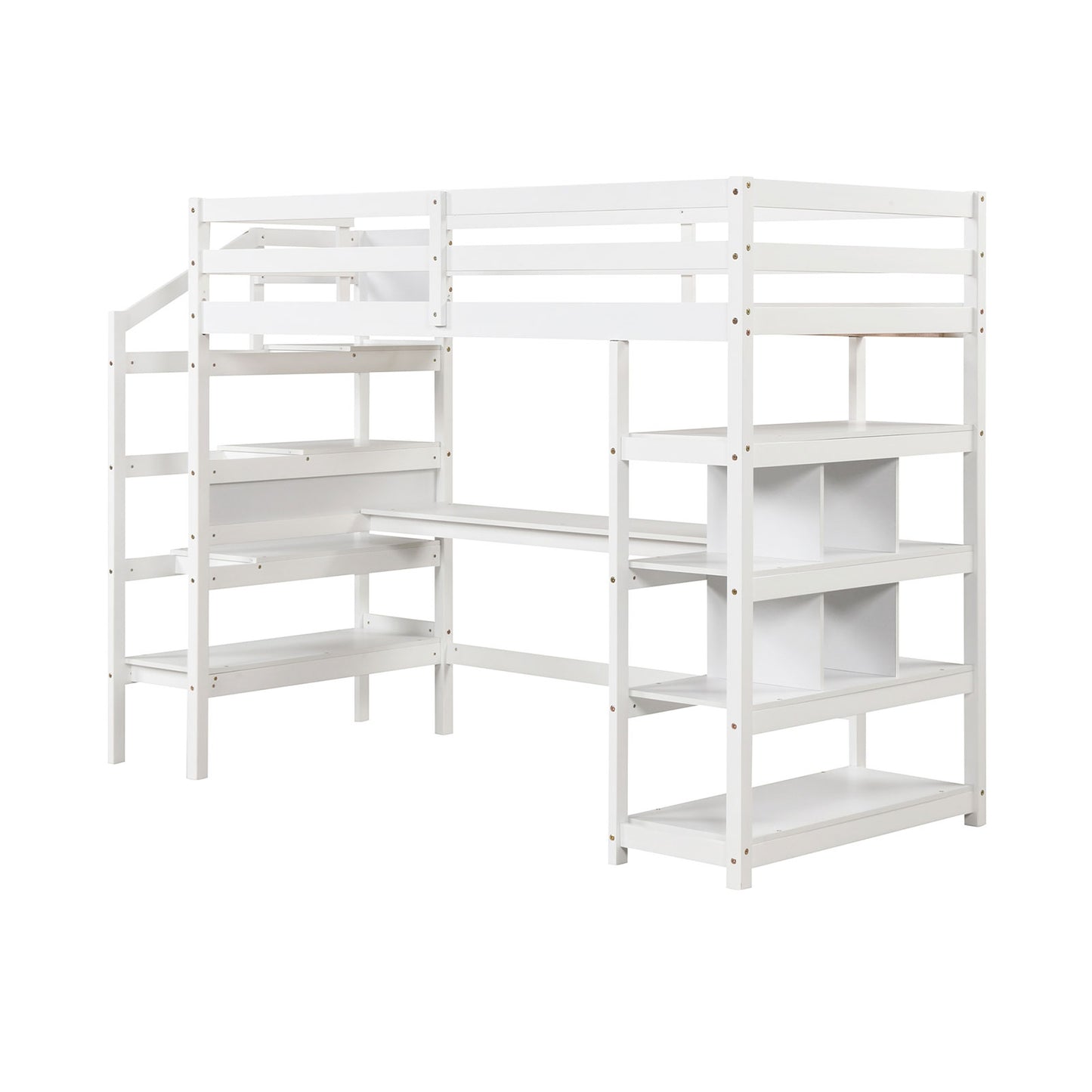 Multifunctional Twin Loft Bed with Desk, Storage Stairs, Shelves, and Safety Guardrails