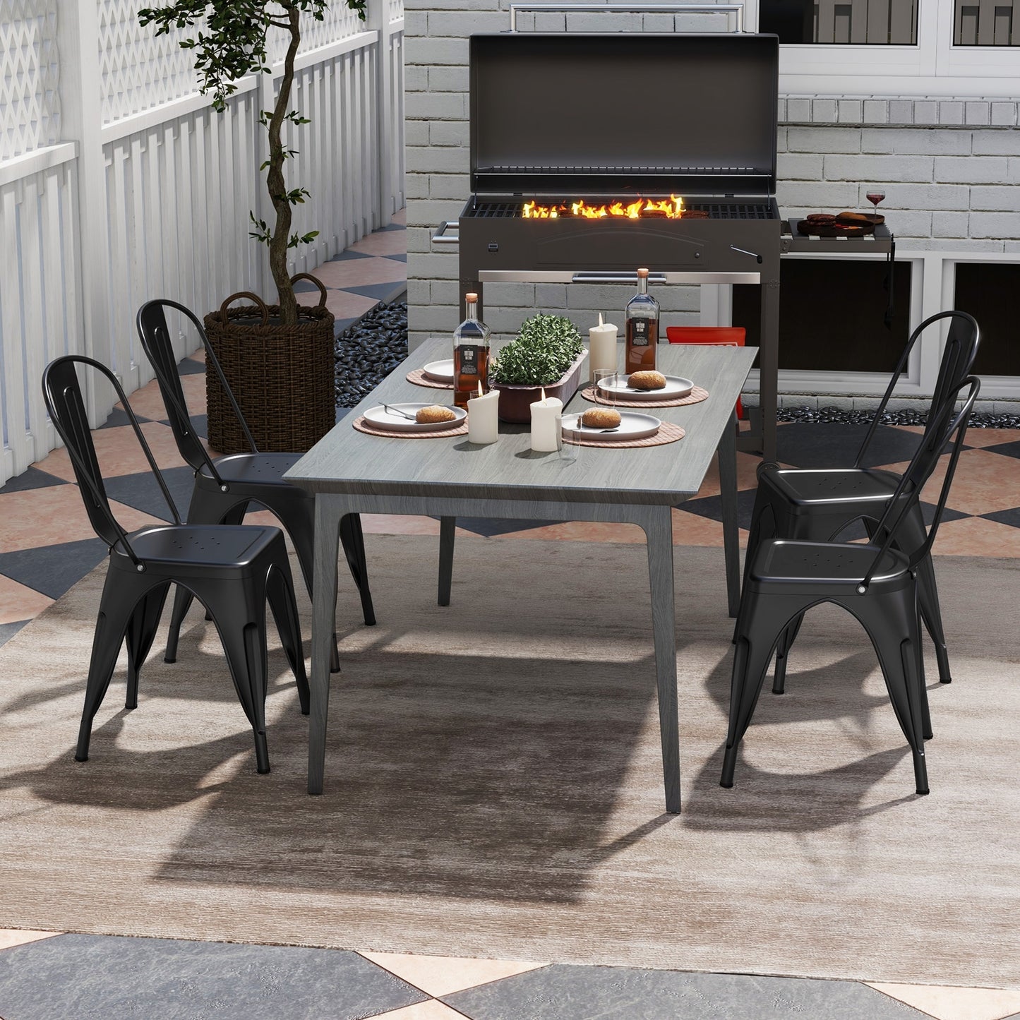 Set of 4 Metal Dining Chairs with Removable Backrest Ergonomic Side Chairs in Black Finish